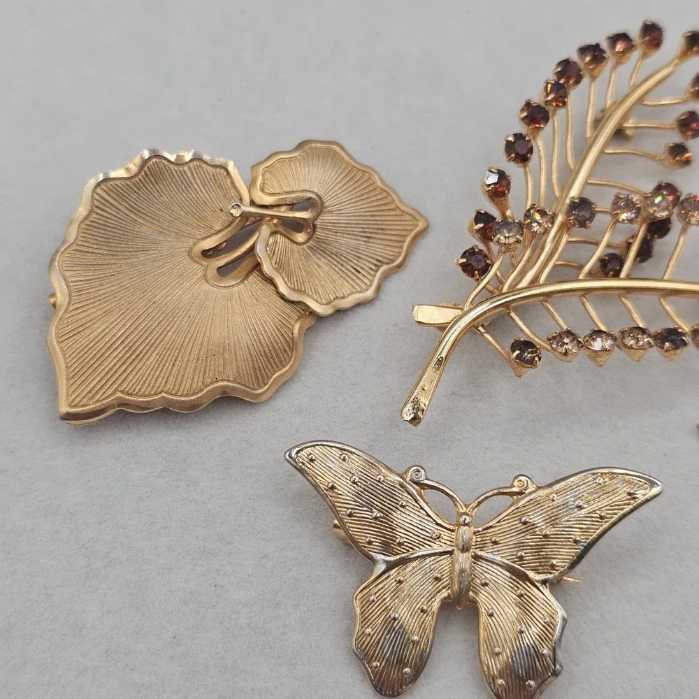 Vintage Rhinestone Brooch Lot Gold Tone Butterfly Leaf Nature Botanical 5pc